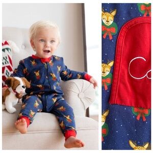 Smockingbird Blue Dasher The Reindeer Monogramed Christmas Zip Up Pajamas 6-9 m